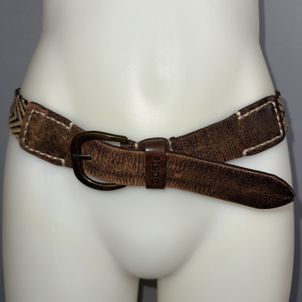 Bosi Women's Belt Size 30 Distressed Brown Leather and Woven Chevron Accent